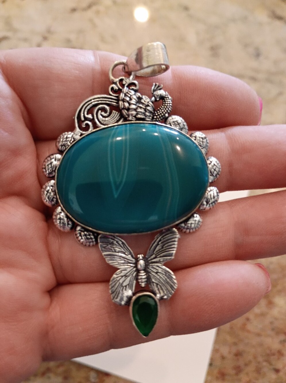 Real Teal Agate Stone Pendant W Butterfly/Bird Accents BEAUTIFUL!